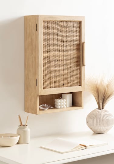 Kate and Laurel Ori Rattan Wall Cabinet with Cubby